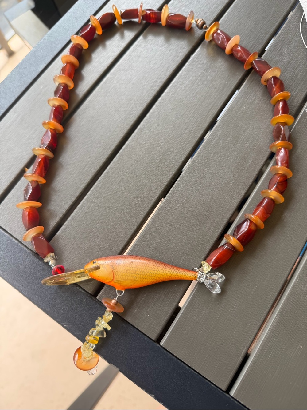 Handmade Amber-Toned Bead Necklace with Fish Pendant
